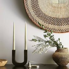 Load image into Gallery viewer, U-shaped candle holder holding 2 taper candles on a table.
