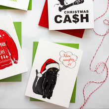 Load image into Gallery viewer, Letterpress card with a black cat wearing a Santa hat and text &#39;Feline naughty AF&#39; 
