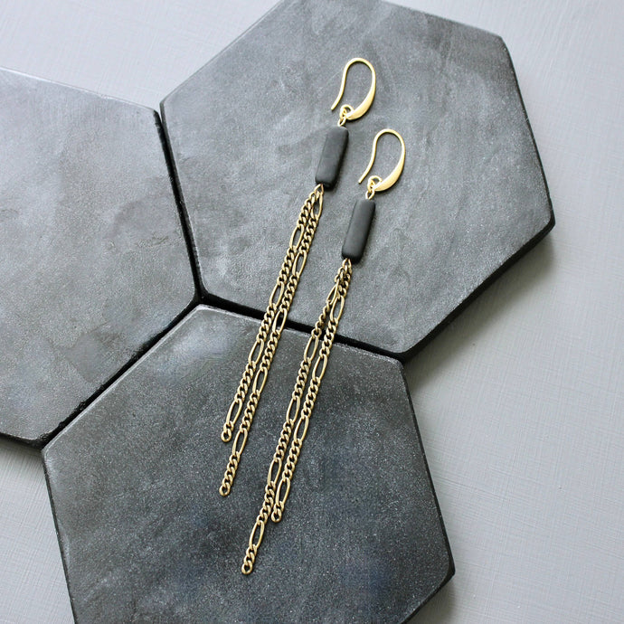 David Aubrey Earrings with 18k gold plated hooks, brass chains, and black glass