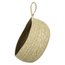 Load image into Gallery viewer, A natural woven seagrass hanging basket with a single loop handle, shown against a plain white background.
