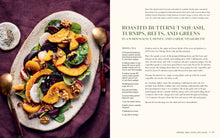 Load image into Gallery viewer, Plated dish of roasted butternut squash, turnips, beets, and greens with a recipe on the side.
