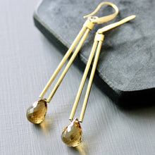 Load image into Gallery viewer,  Earrings with 18k gold-plated brass hooks paired with beer quartz drops
