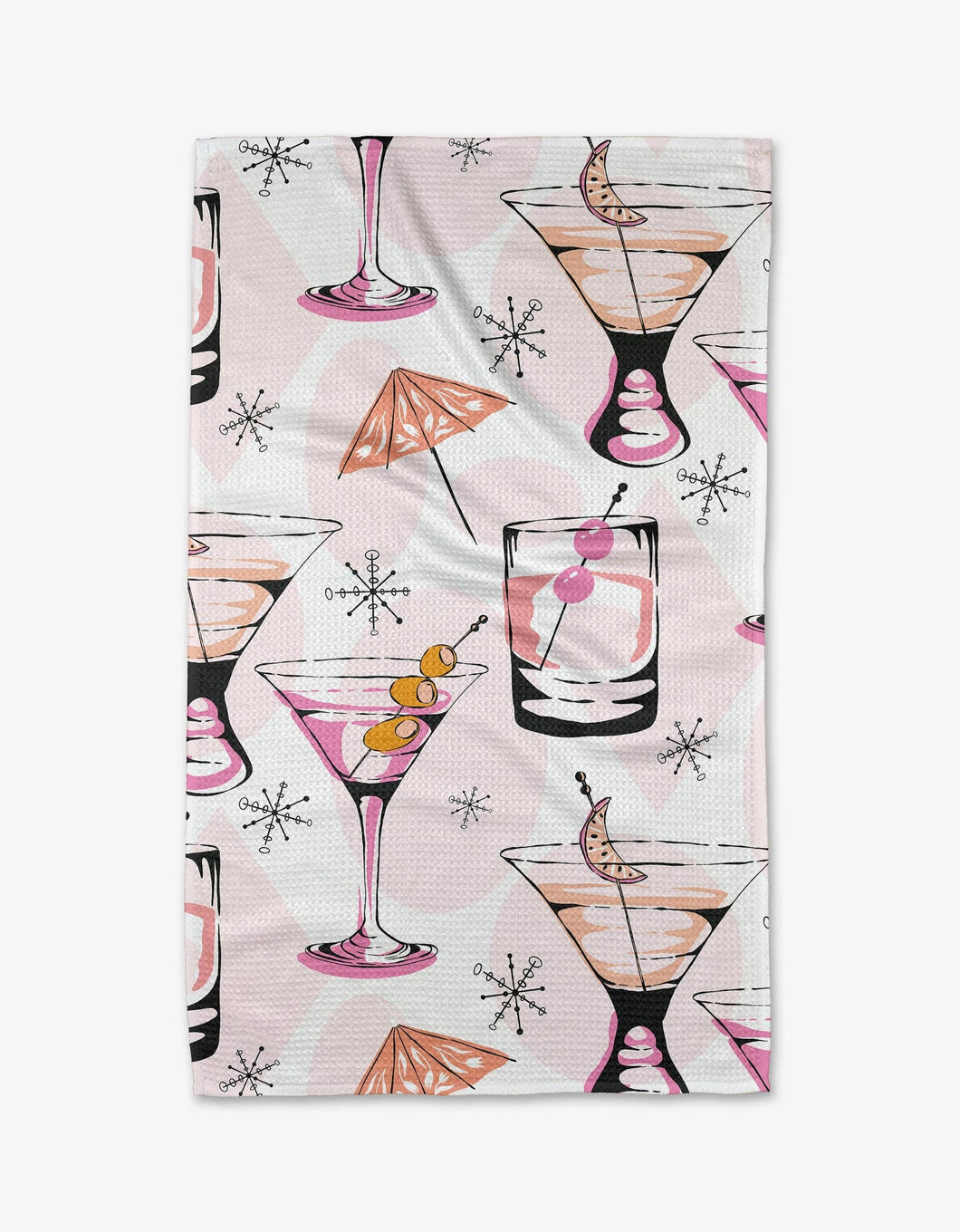 Martini and cocktail graphics on a kitchen tea towel