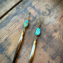Load image into Gallery viewer, Close-up of porcupine and turquoise drop earrings on a wooden surface
