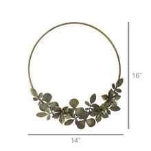 Load image into Gallery viewer, Decorative metal wreath with leaf design and dimensions on a white background
