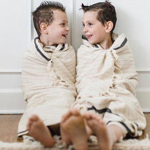 Load image into Gallery viewer, Silvia 100% Cotton Turkish Bath Towel in ivory with bold black stripe and light brown pinstripes.
