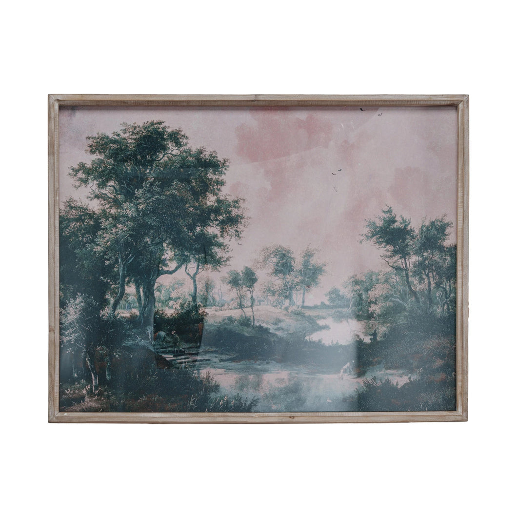 Framed artwork of a landscape with trees and a river on a white background