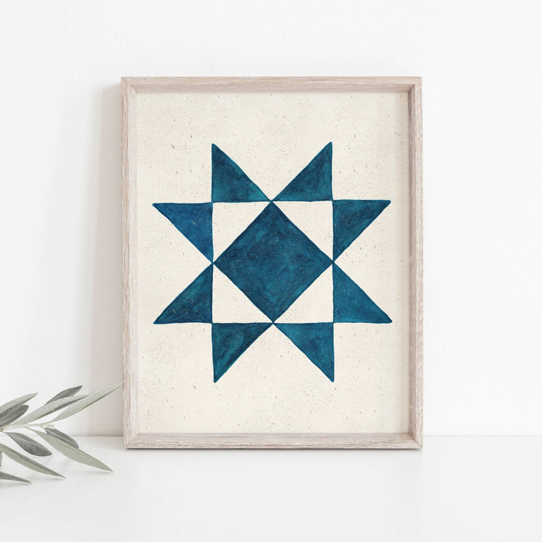 Watercolor Quilt Block Wall Art Print - Blue