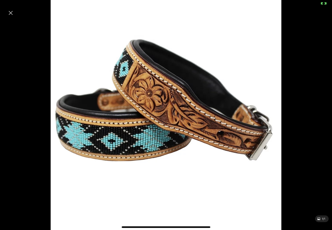 Western Leather Turquoise Black Beaded Bling Dog Collar