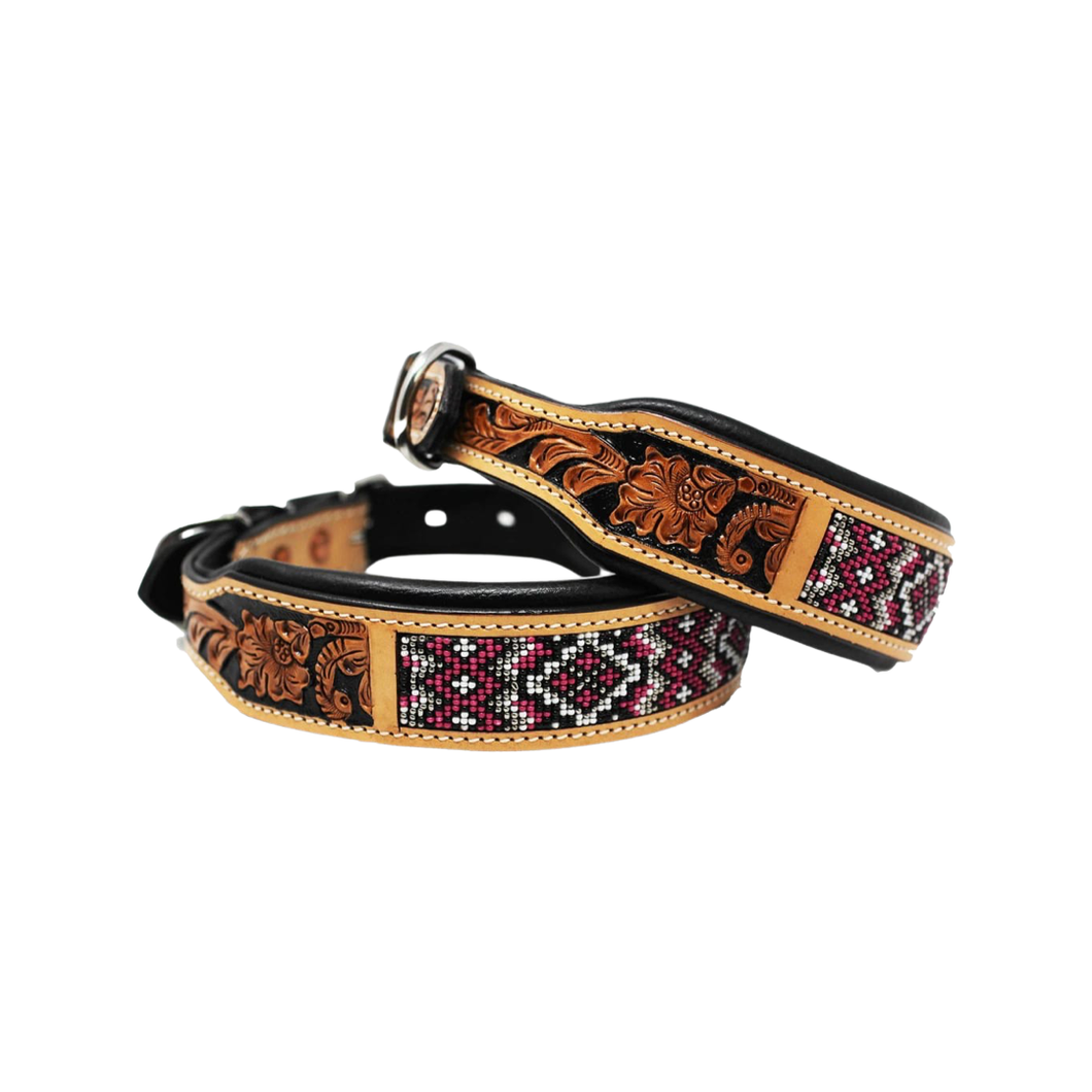 Western Equestrian Tooled Pink Leather Beaded Dog Collar