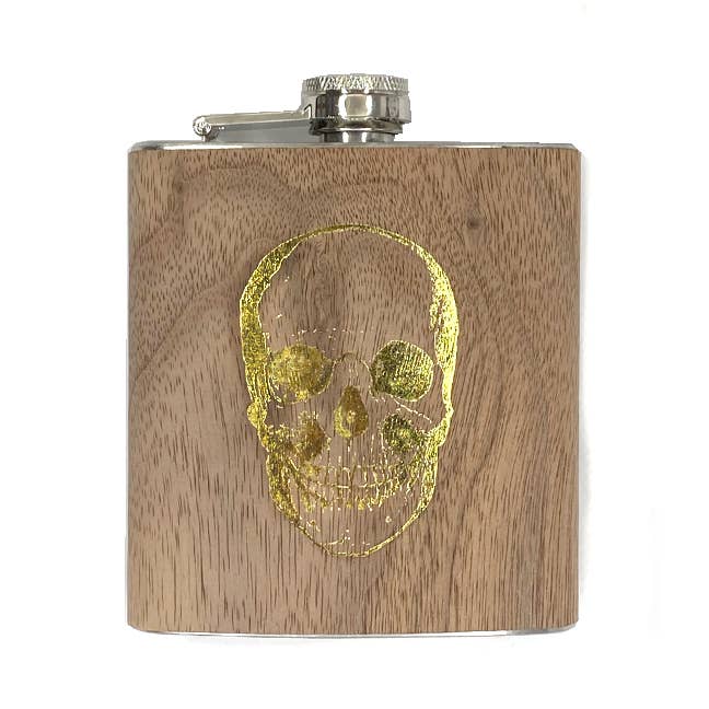 Gold Foil Skull Wood Wrapped Flask