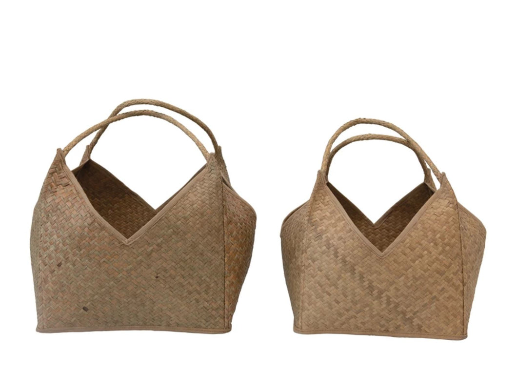 Hand-Woven Seagrass Baskets with Handles, Set of 2