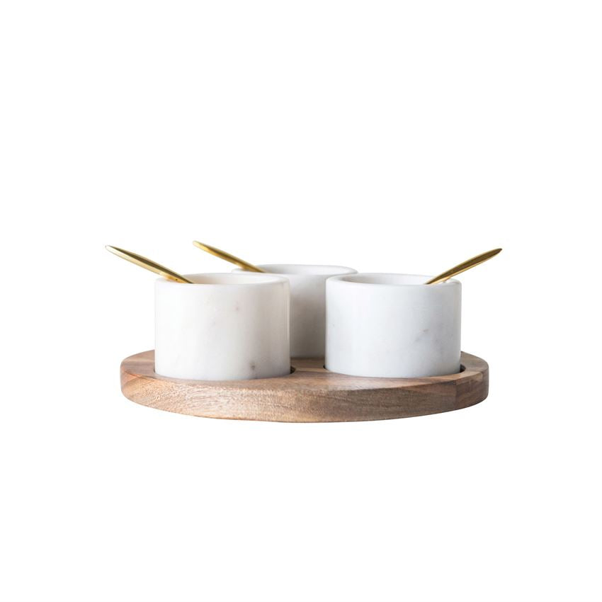 Round Acacia Wood Board with Marble Pinch Pots & Brass Spoons