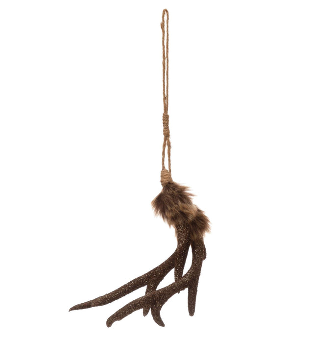 Sparkling flocked faux antler ornament with faux fur trim and roping strap to hang with. Brown.  Ornament length is approximately 7 inches. Rope strap is approximately 9 inches.