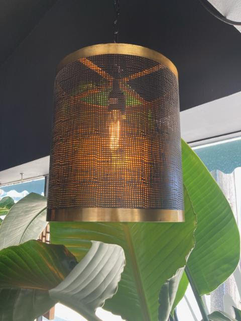 Black mesh with brass detail trim, cylinder shaped hanging pendant lamp