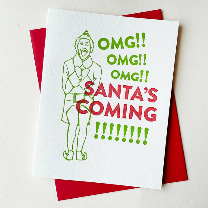 A Christmas card with a cartoon illustration of an elf in green and red colors, with the text 'Santa's coming!' and 'Oh, oh, oh!' on a white background with a red envelope.