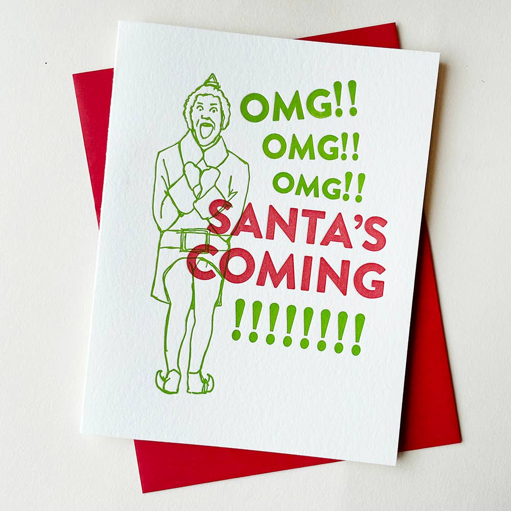A Christmas card with a cartoon illustration of an elf in green and red colors, with the text 'Santa's coming!' and 'Oh, oh, oh!' on a white background with a red envelope.
