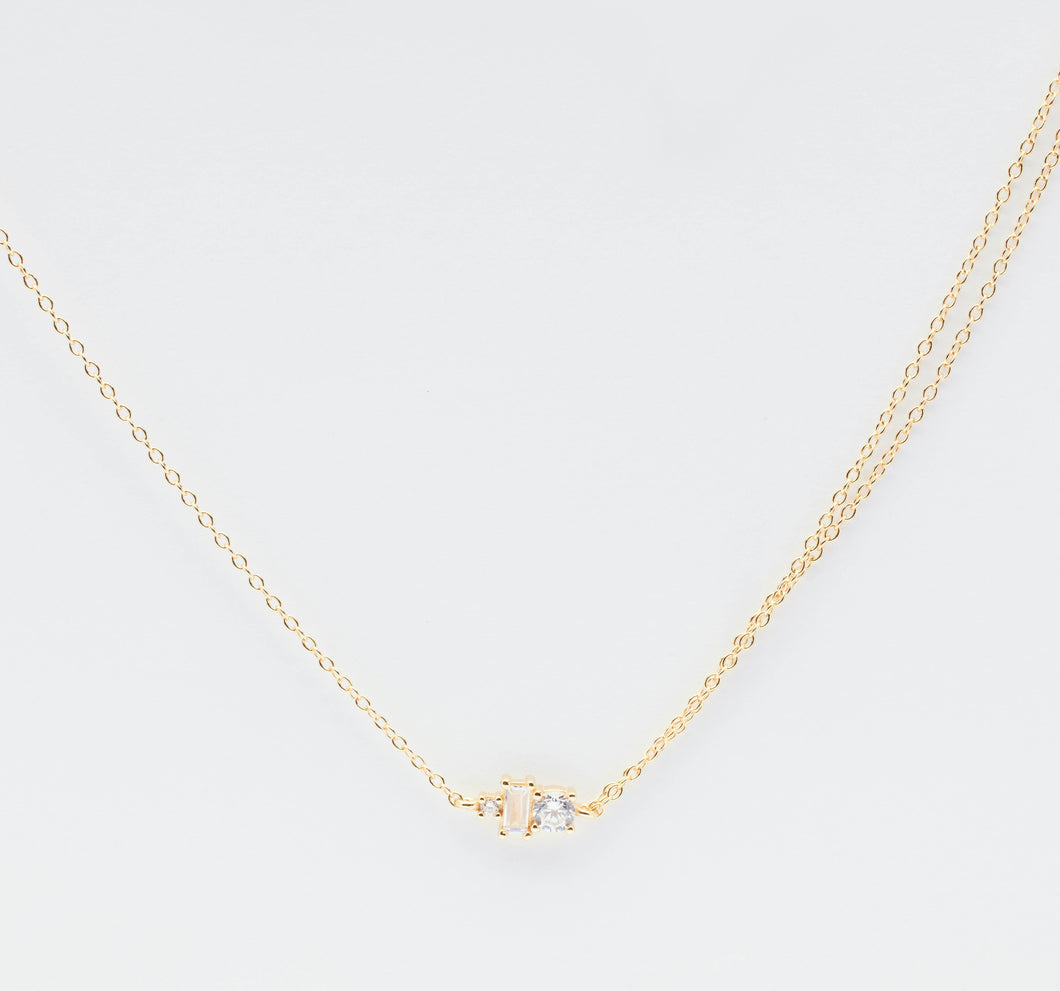 Double Gold Chain Necklace with 2 clear Cubic Zirconia stones