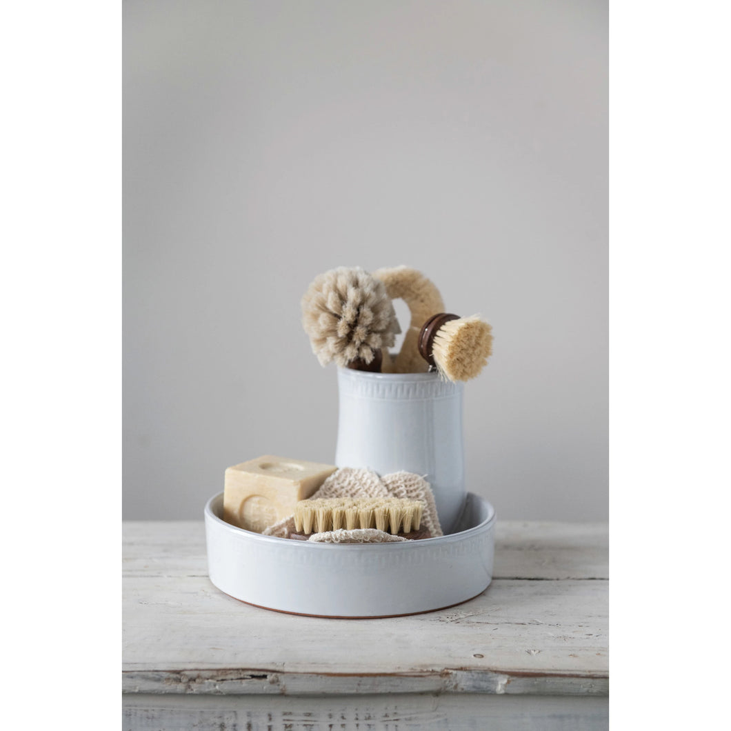 White glazed terracotta tray with 2 compartments
