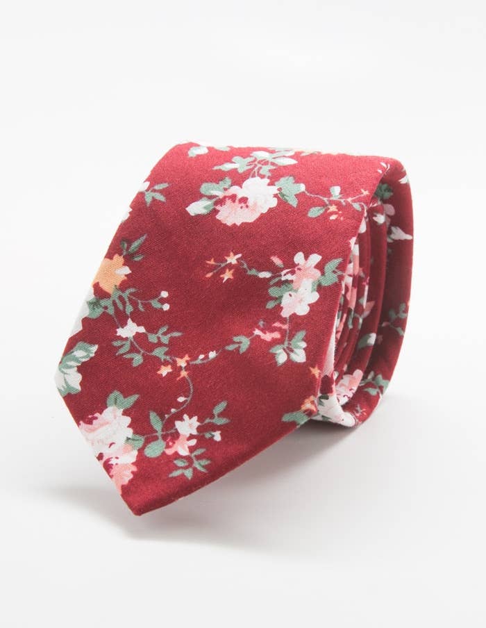 Red Floral Print Skinny Tie