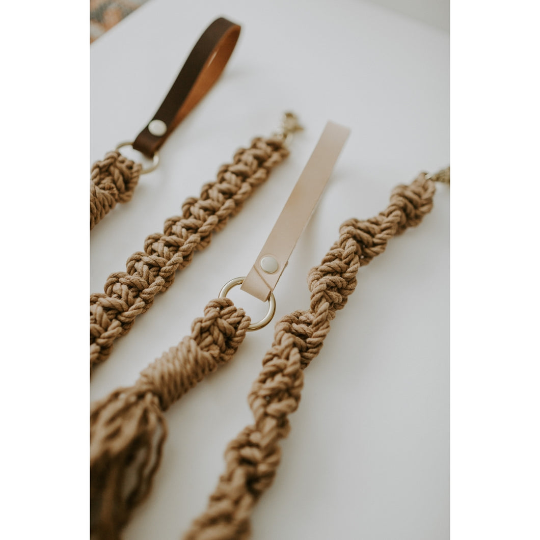 Macrame Dog Leash :: Wheat Rope with Dark Brown Leather Handle