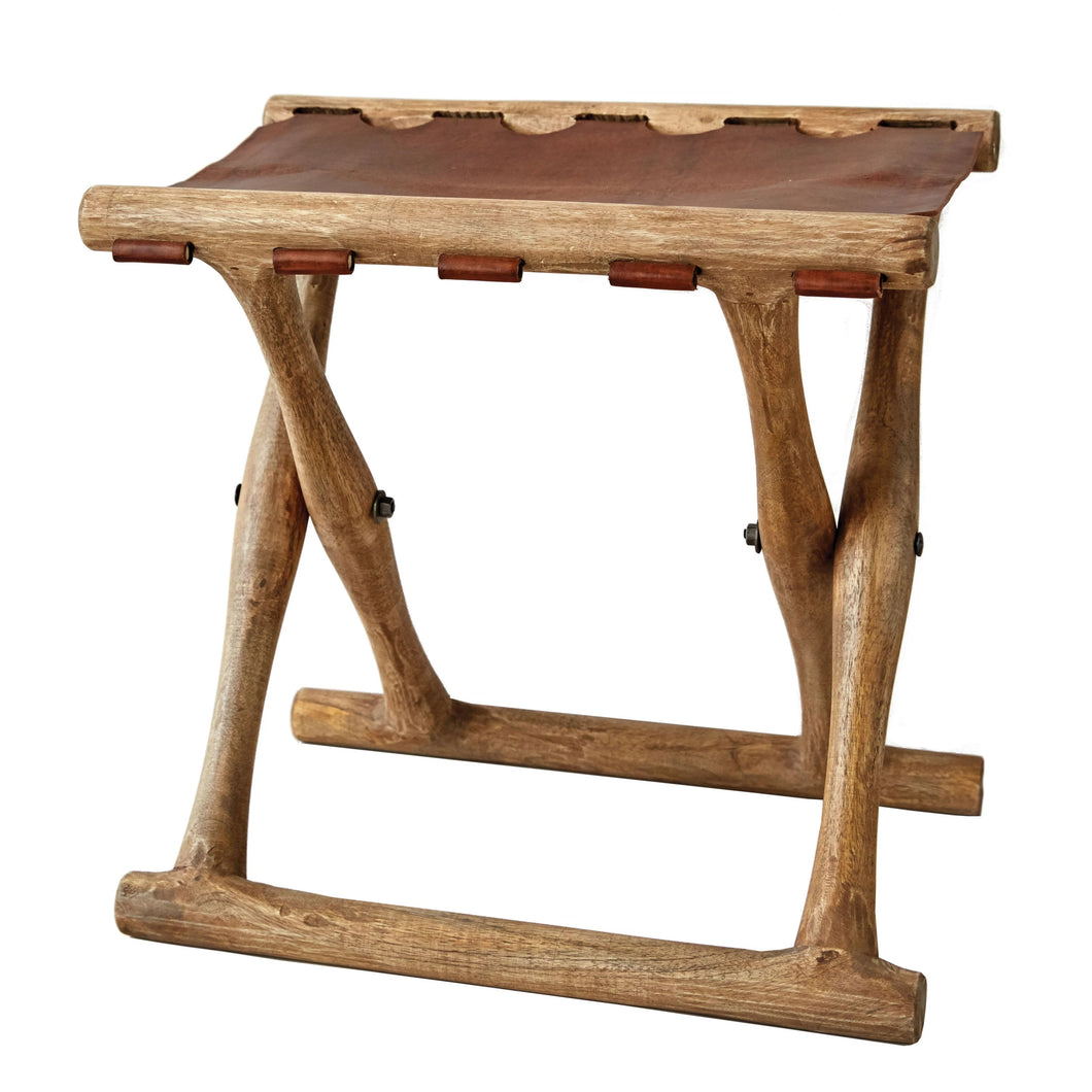 Acacia Wood and Leather Stool